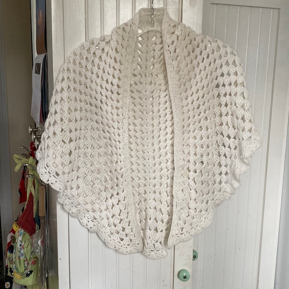 Handmade Crochet Shawl, White with touch of Lurex